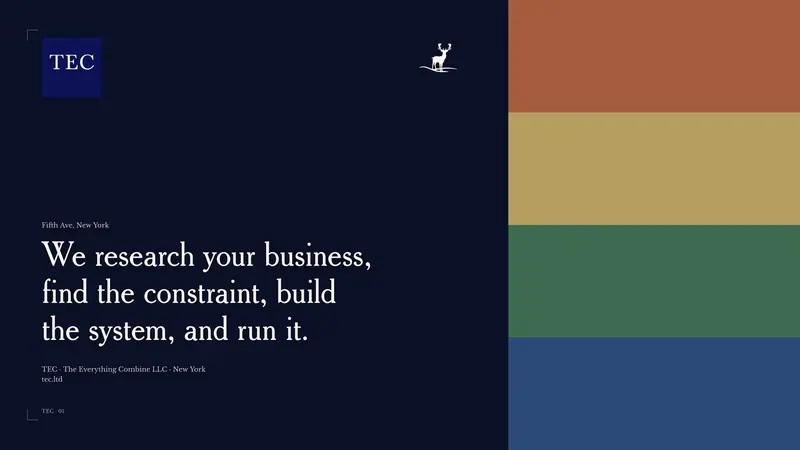 TEC sales brief, the opening plate, the blue TEC logo and the stag along the top