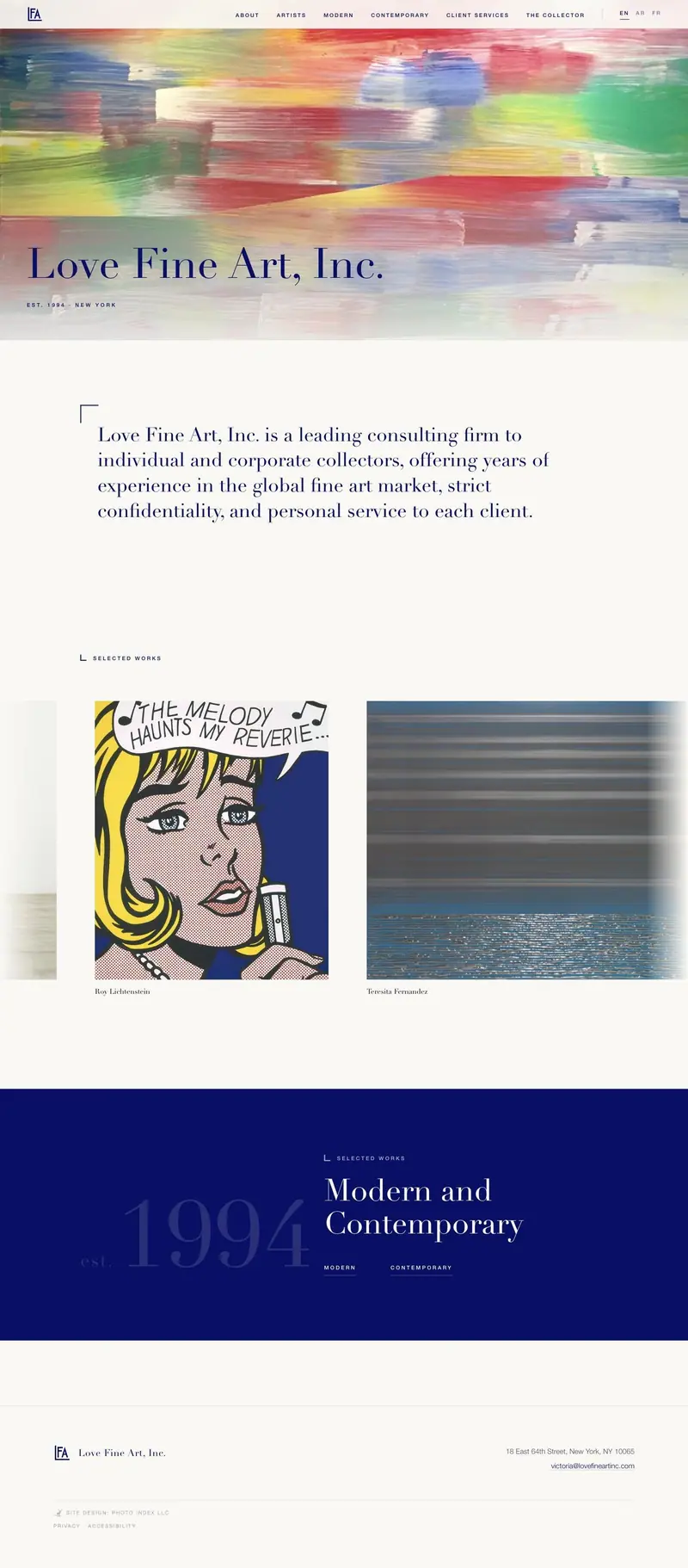 The Love Fine Art home page on a desktop, oversized Didot on warm paper