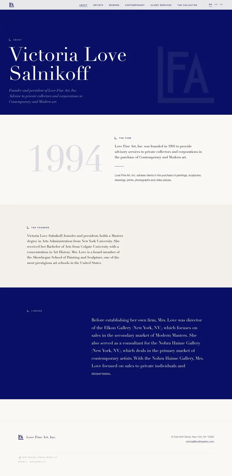 The Love Fine Art About page on a desktop, an itemized ledger under a full bleed navy band