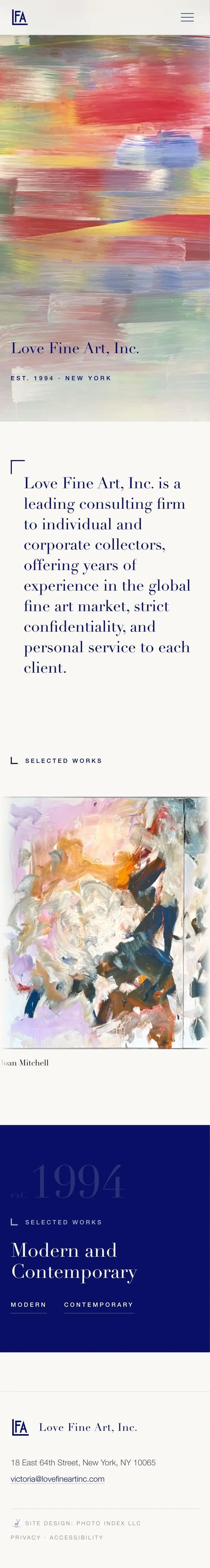 The Love Fine Art home page on a phone, the monogram centered over the navigation