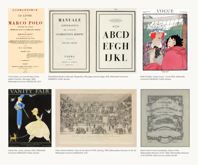 A mood board of reference plates, Didot and Bodoni pages, early Vogue and Vanity Fair covers, a gallery interior and an engraved monogram