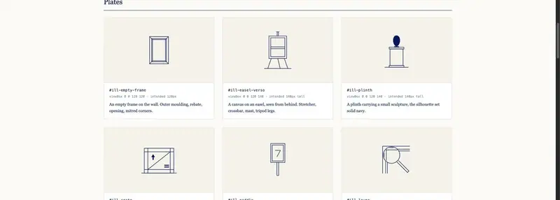 Six plates from the illustration library, austere navy line drawings each under its own name