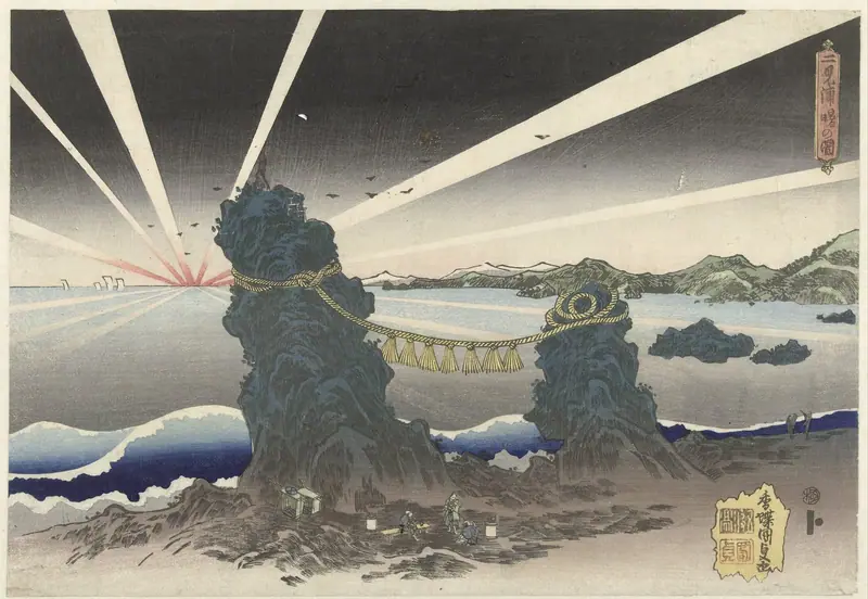 Sunrise at Futamigaura, Utagawa Kunisada, about 1830, Rijksmuseum, public domain