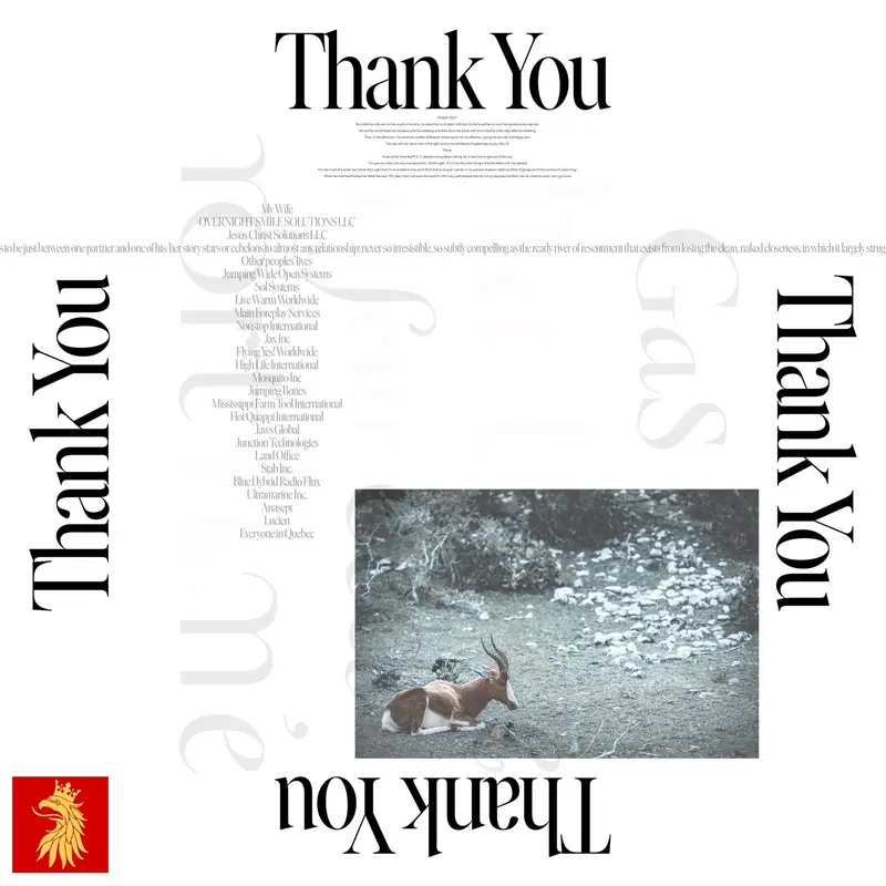 Thank You, a cover with a Didone title set four ways around a photograph of an antelope