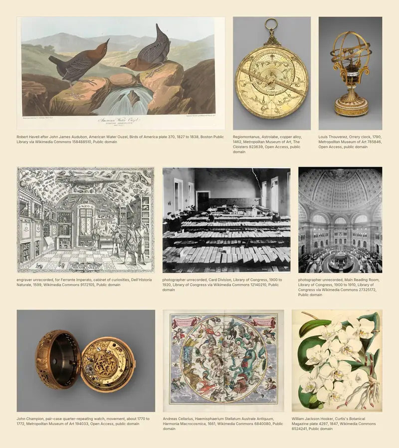 A mood board of reference plates, a dipper, astrolabes and orreries, a cabinet of curiosities, a card catalog and an engraved plate