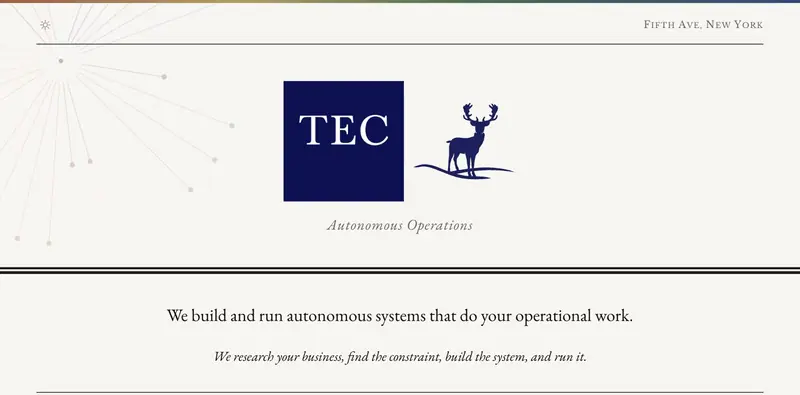 The tec.ltd home page on a desktop, cream ground, spectrum bar at the head, the stag above the offer