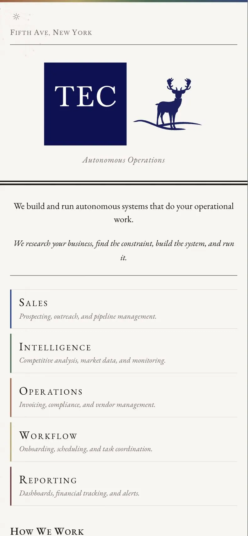 The tec.ltd home page at phone width, the constellation drawn for the phone