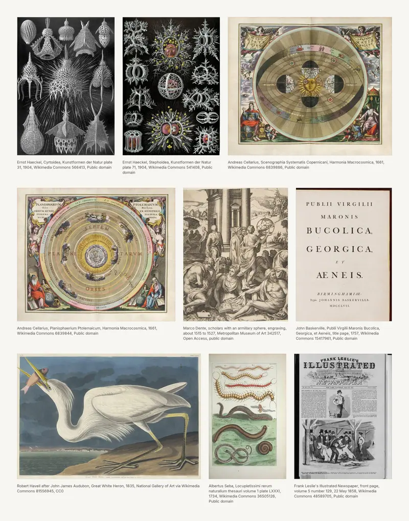 The TEC mood board, Haeckel forms, Cellarius star charts, a Baskerville page, an Audubon bird, a cabinet and a broadsheet